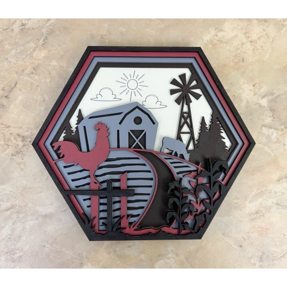 Farm Scene 3D Handcrafted Hand Painted Layered Hexagon Wall Hanging 8X9.25